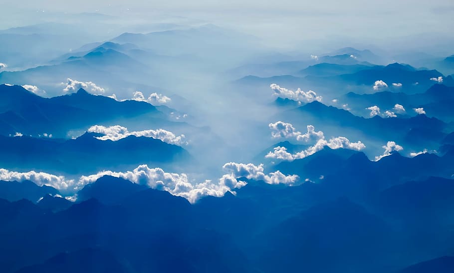 fog covered silhouette of mountain, mountains, sunrise, dawn HD wallpaper