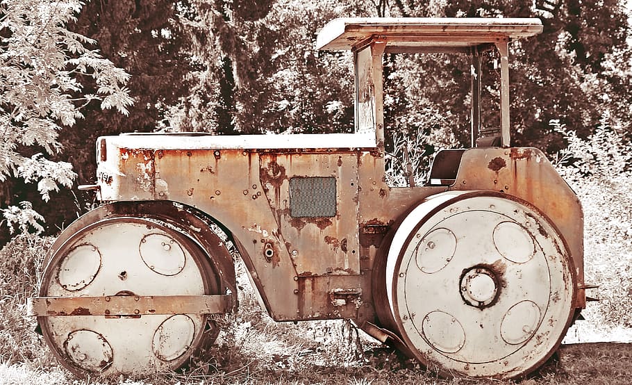 empty brown tractor, roll, construction machine, road roller HD wallpaper