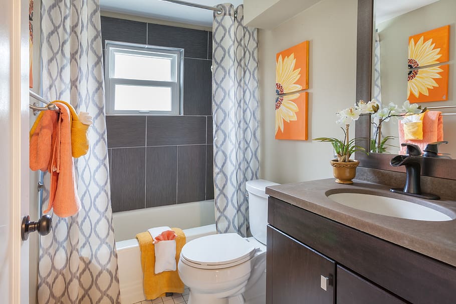 bathroom, staging, curtains, tile, home, domestic room, indoors HD wallpaper