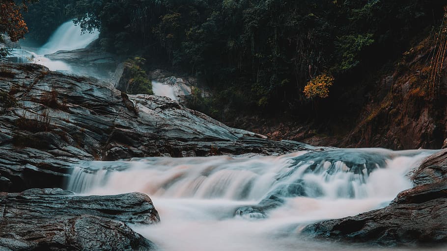 Feel the water, photography of river near tree, waterfall, rock HD wallpaper
