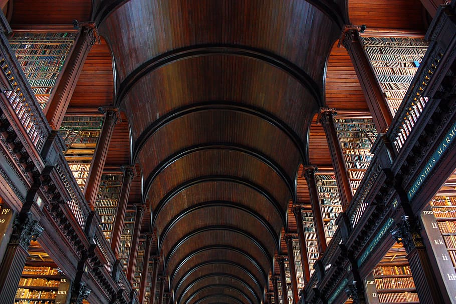 brown and beige library, inside, wood, book, books, arc, arches