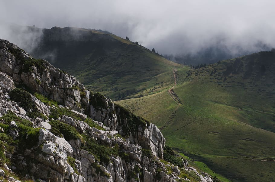 gray mountain alps, green mountains at daytime, aerial photography HD wallpaper