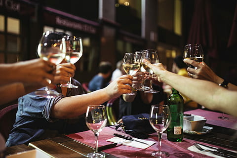 Friends at a restaurant drinking wine, evening, fun, happy, women HD wallpaper