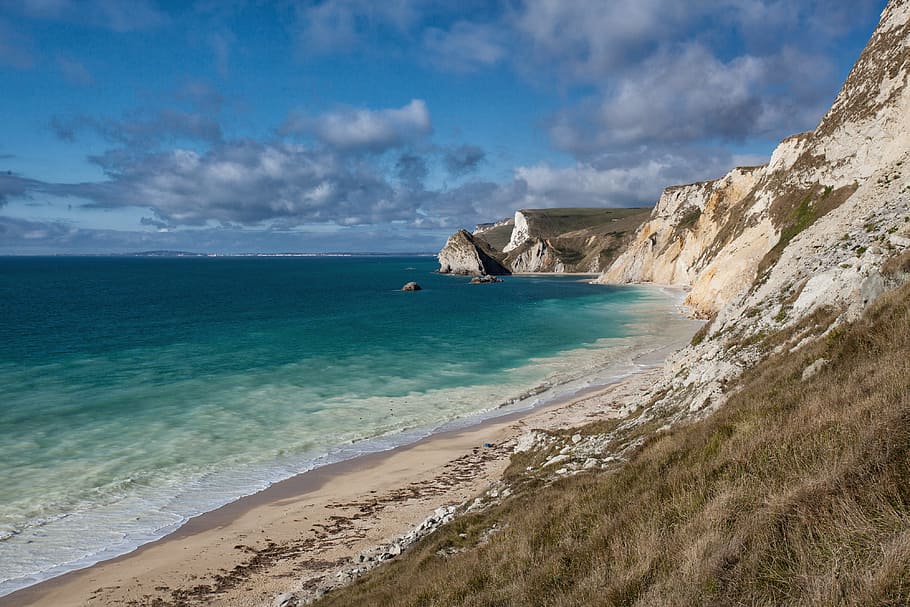 Wide-angle landscape shot of the white cliffs on the Jurassic Coast in Dorset, England HD wallpaper