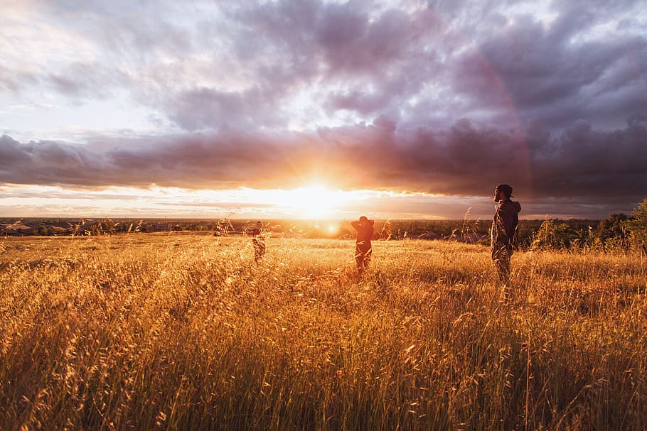 man standing on the ground and surrounded by grass, sunset HD wallpaper