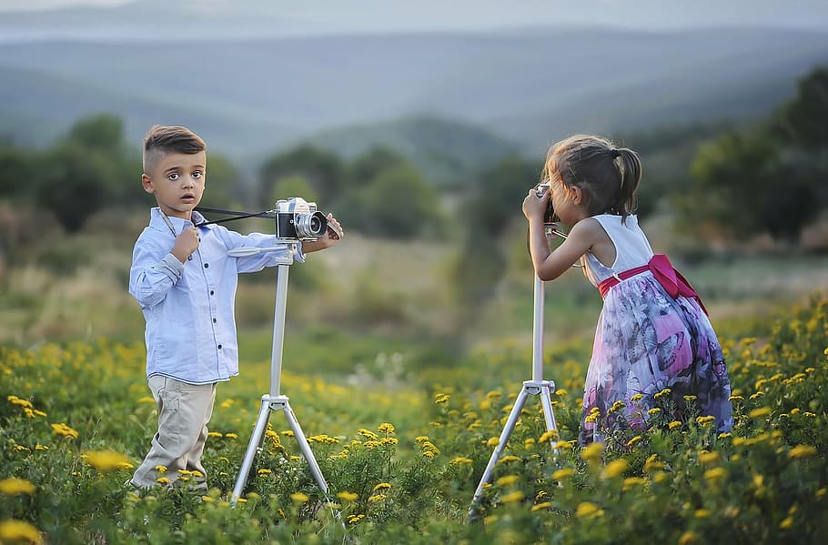 selective focus photography of boy and girl on flower field using while standing near cameras with tripods, HD wallpaper