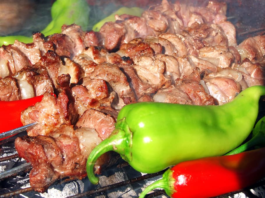 pork barbecue beside bell pepper on grill, Coal, Embers, Tomato, HD wallpaper