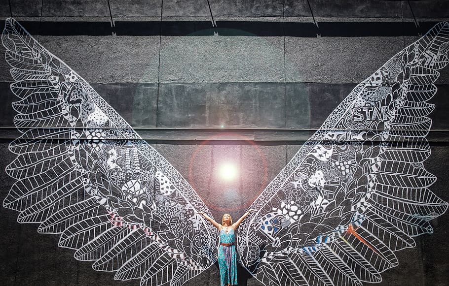 person wearing wings, light, mural art, built structure, architecture HD wallpaper