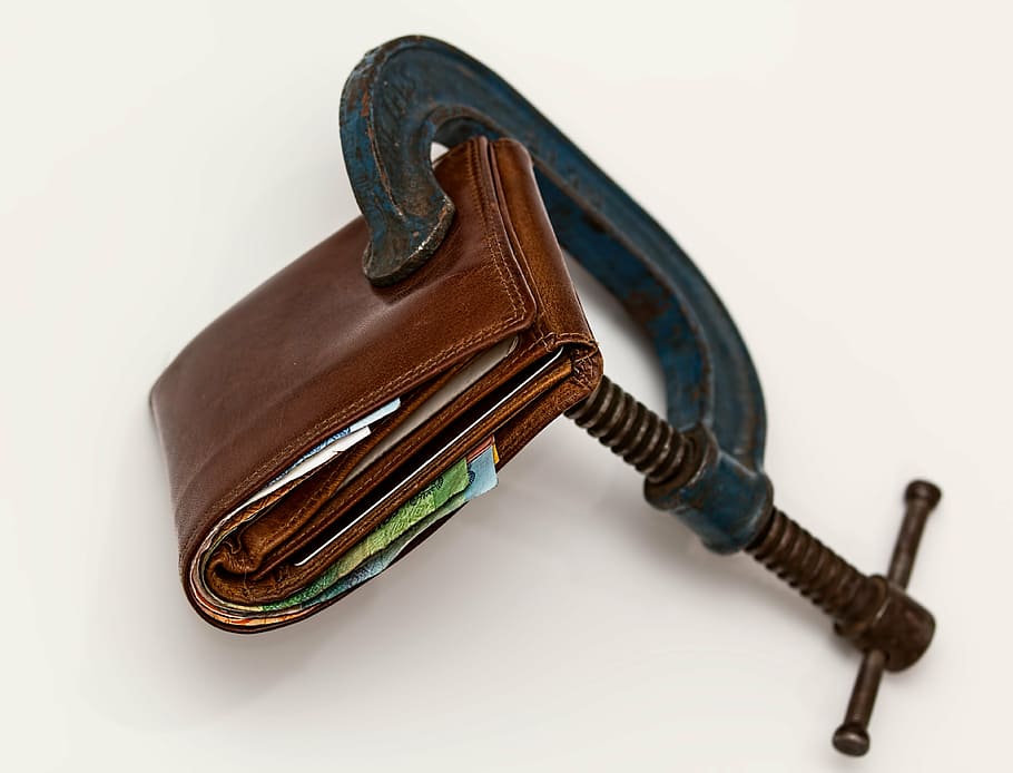c-clamp, cash, close-up, leather, metal, money, savings, squeezed, HD wallpaper