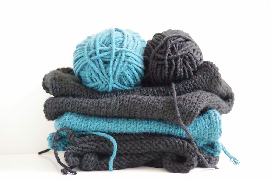 blue and white knitted yarns, wool, knitting, crafts, material HD wallpaper