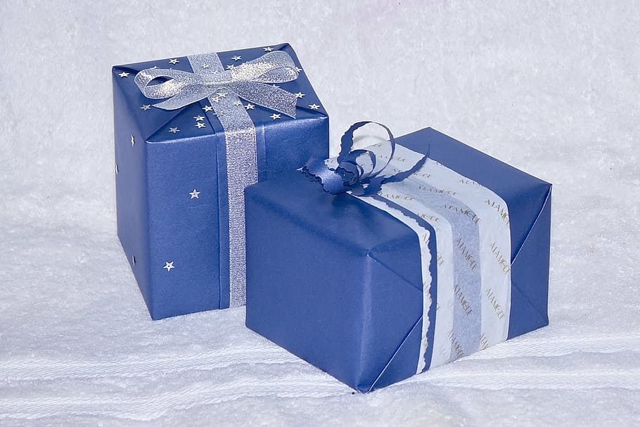 two blue gifts on white cloth, present, love, friend, couple HD wallpaper