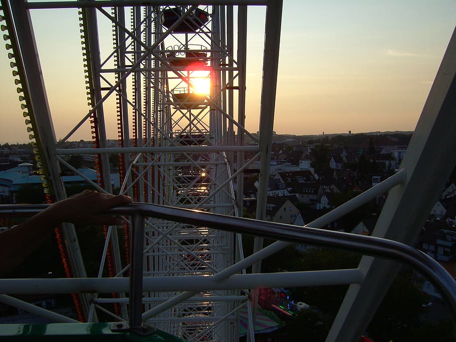 sunset, ferris wheel, technology, metal, sky, architecture HD wallpaper