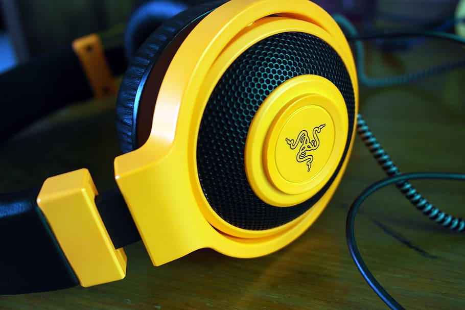 headphone, device, close-up, headset, technology, yellow, communication HD wallpaper