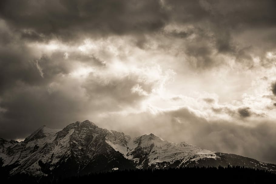 grayscale photography of snow covered mountain, snow-covered mountain under clouds HD wallpaper
