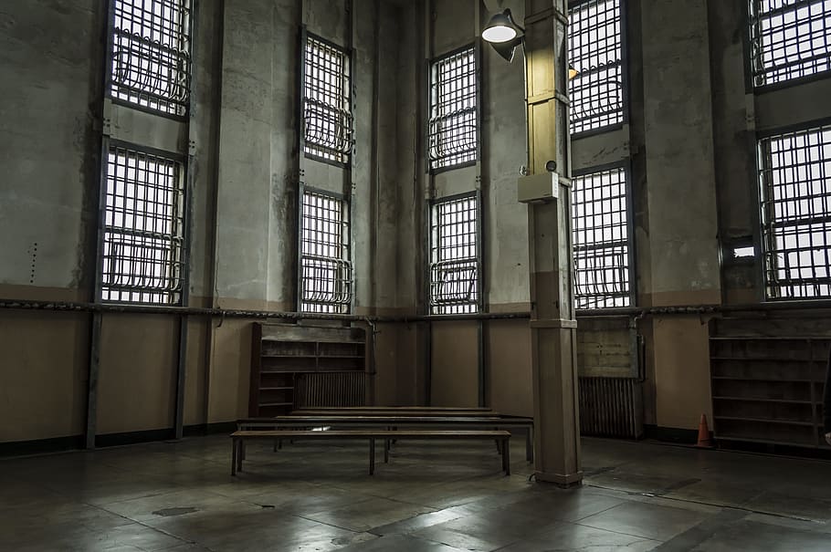 bench chairs beside brown pillar, old, ancient, prison, construction HD wallpaper