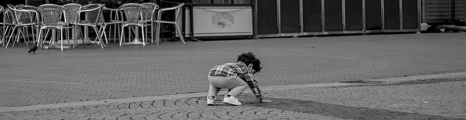 black, white, road, child, small child, play, favor, fall, stand up HD wallpaper