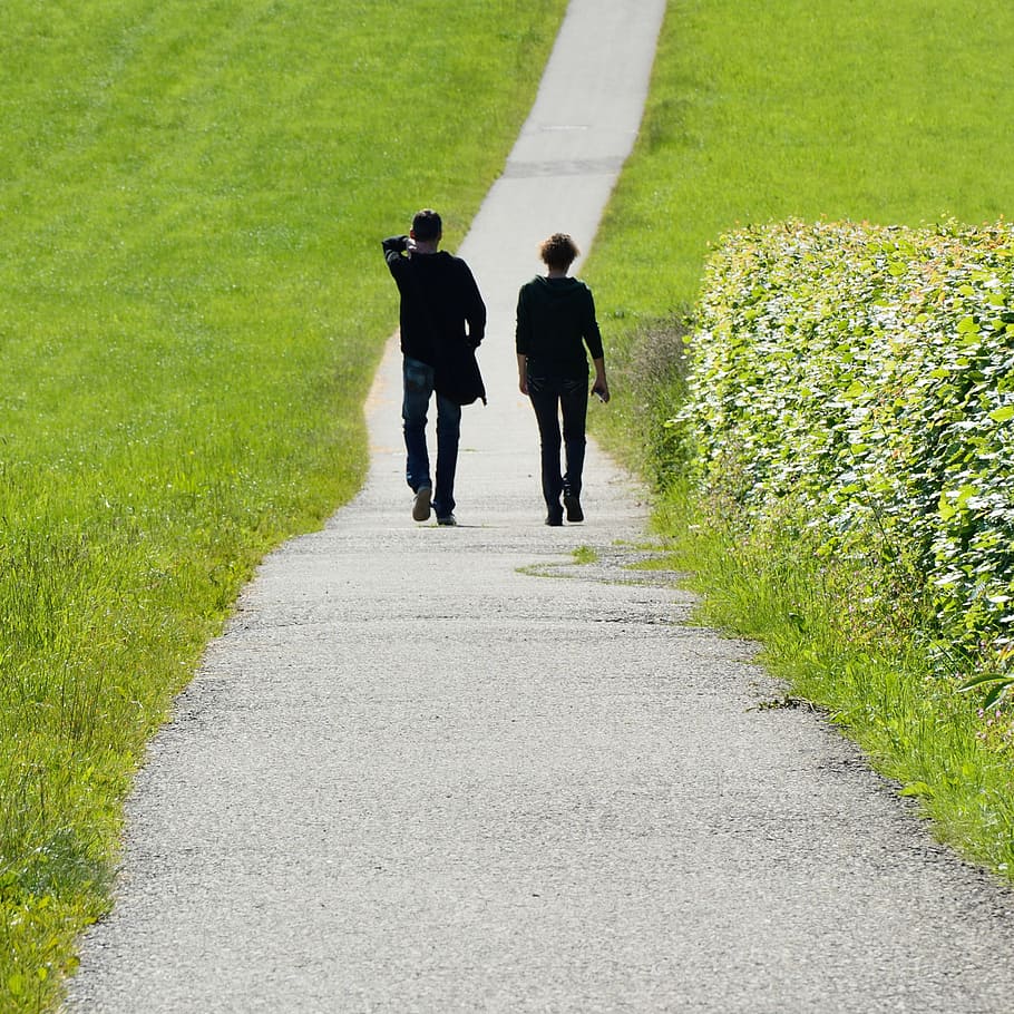 two people walking on path near green grass, personal, pair, away