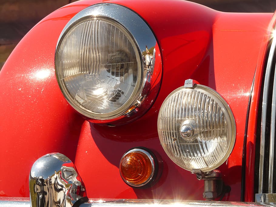 oldtimer, auto, spotlight, headlight, red, mode of transportation HD wallpaper