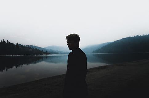 cold, nature, man, person, back view, backlit, calm waters, dark HD wallpaper