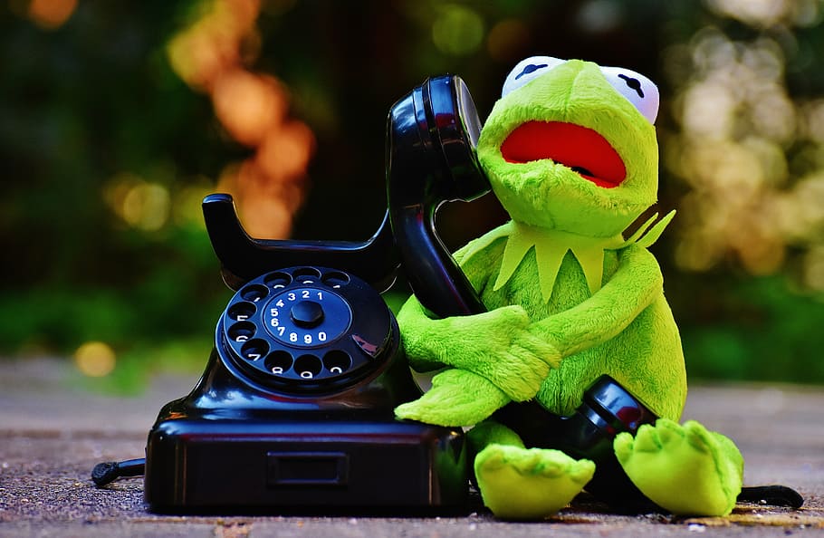 Kermit the Frog hugging telephone, figure, funny, frogs, animal