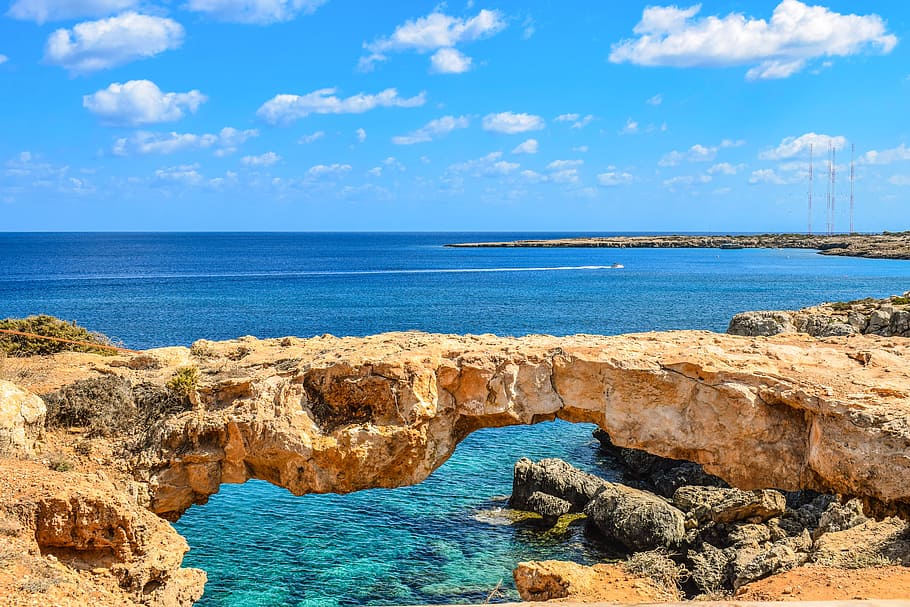 blue ocean under blue sky, cyprus, cavo greko, korakas bridge, HD wallpaper