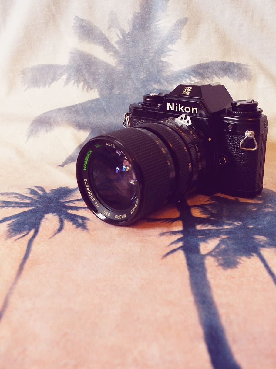 black Nikon camera on white and black palm trees graphic sheet HD wallpaper