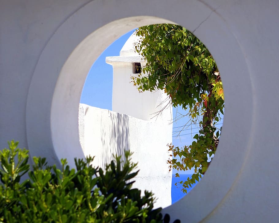 green leaf trees viewed from round white concrete wall, architecture HD wallpaper