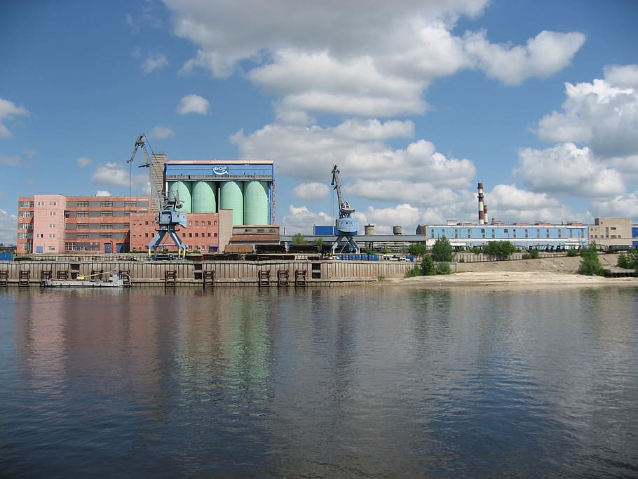 water, cranes, loading, factory, terrain, summer, ship, river HD wallpaper