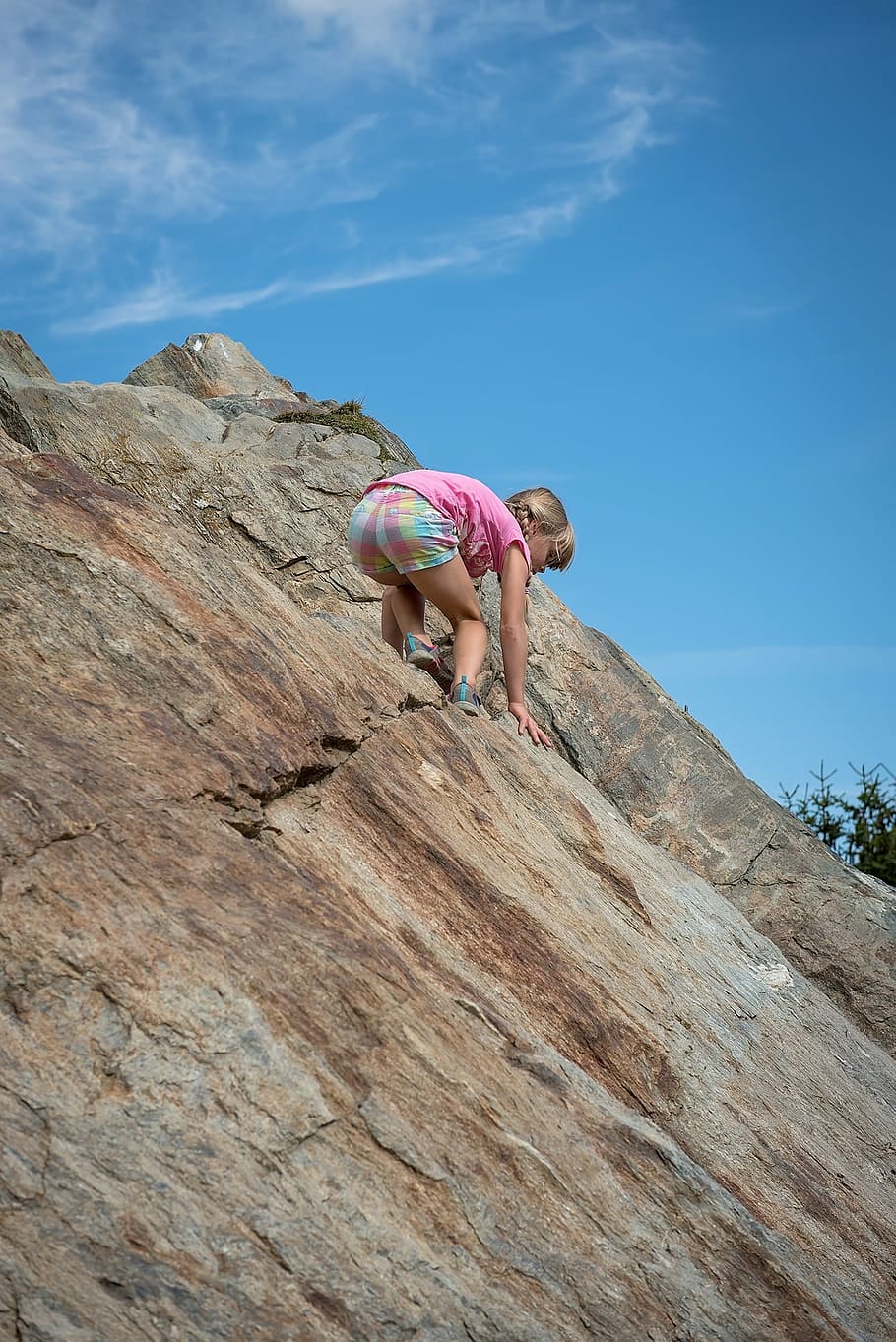 HD wallpaper: child, girl, climb, stone, rock, downhill, steep, sky ...