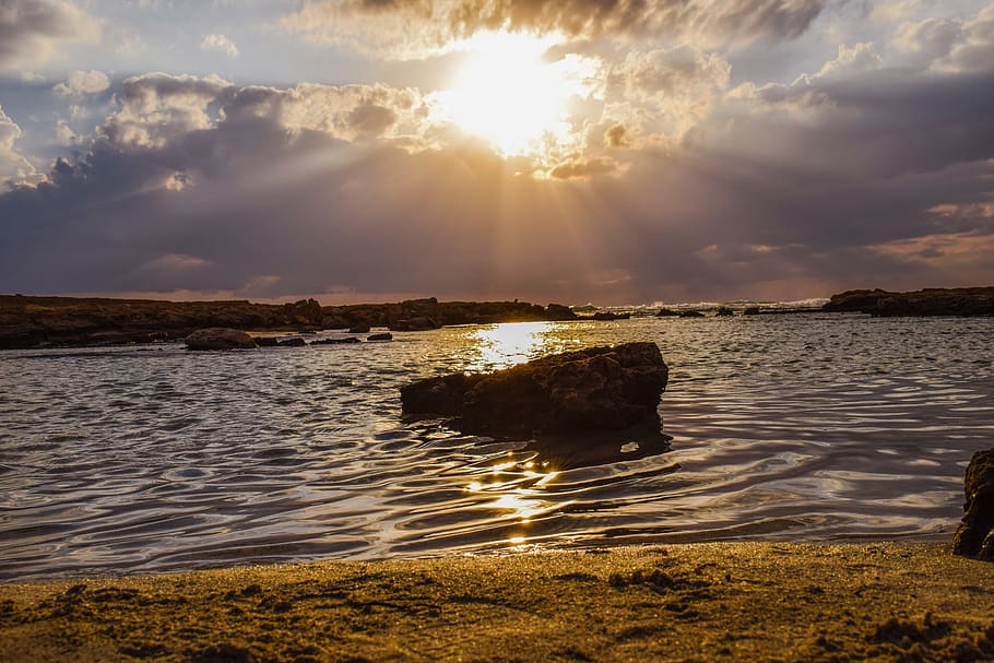 sunset, sea, sky, clouds, lagoon, beach, sunshine, sunbeam HD wallpaper