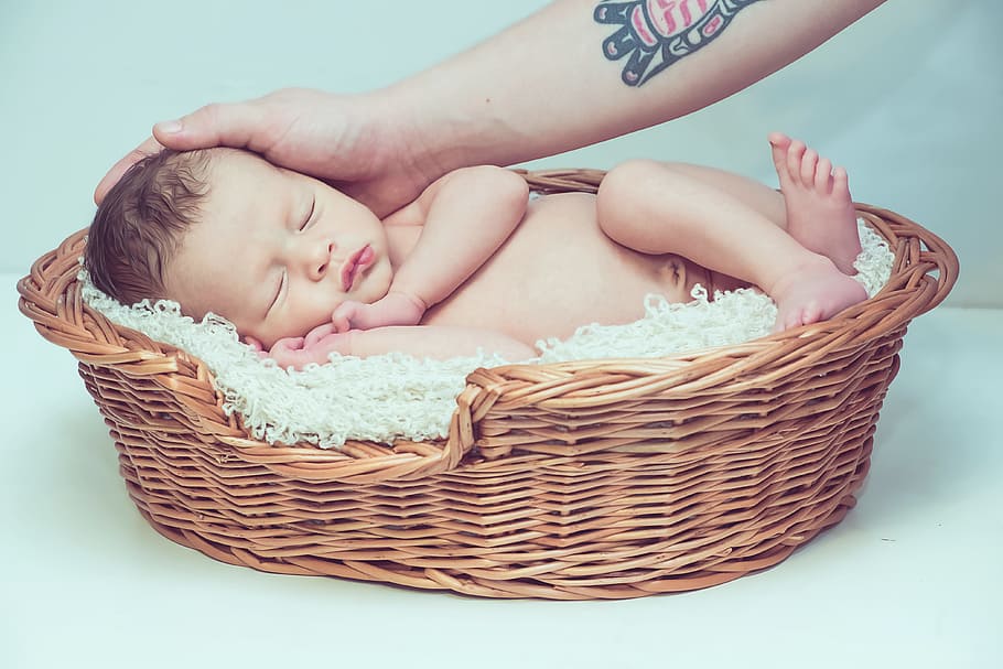 baby in brown wicker basket, tattoo, babe, child, hand, family