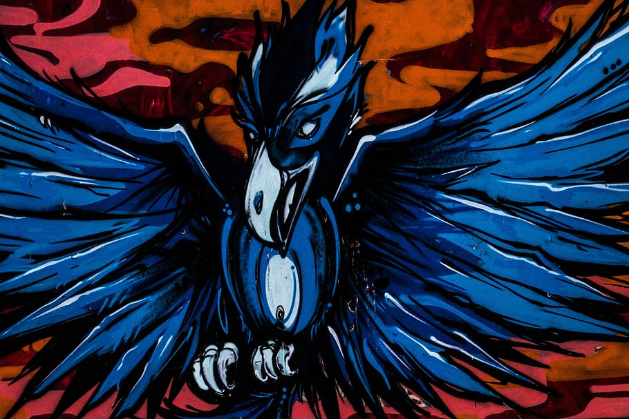 blue and black bird sketch, blue bird illustration, art, mural