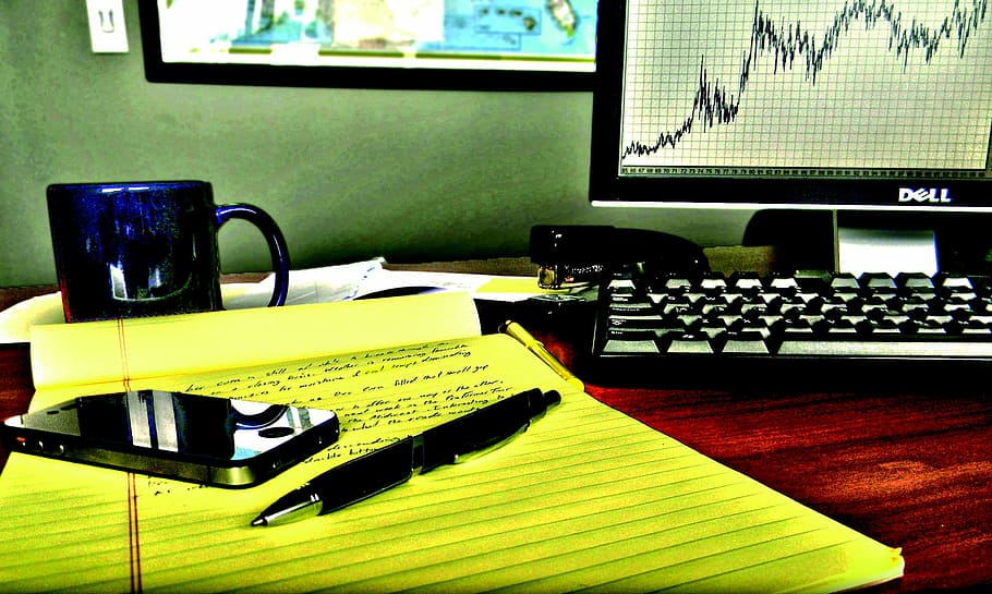 black Dell monitor turned-on, iphone, technology, work, desk HD wallpaper