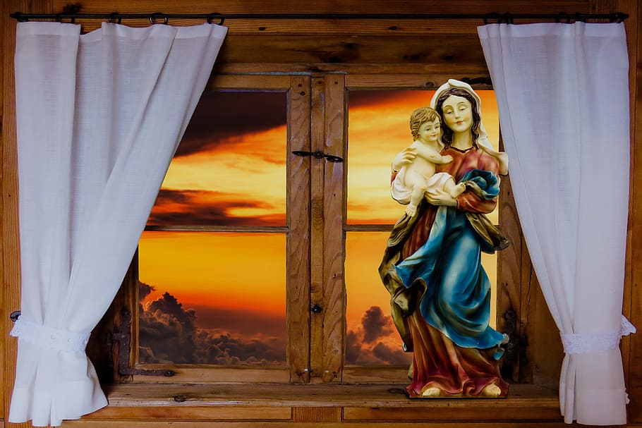 window, outlook, architecture, clouds, curtain, maria, jesus HD wallpaper