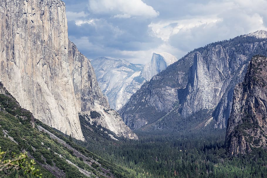 gray rock formation surrounded with trees, gray mountain during daytime HD wallpaper