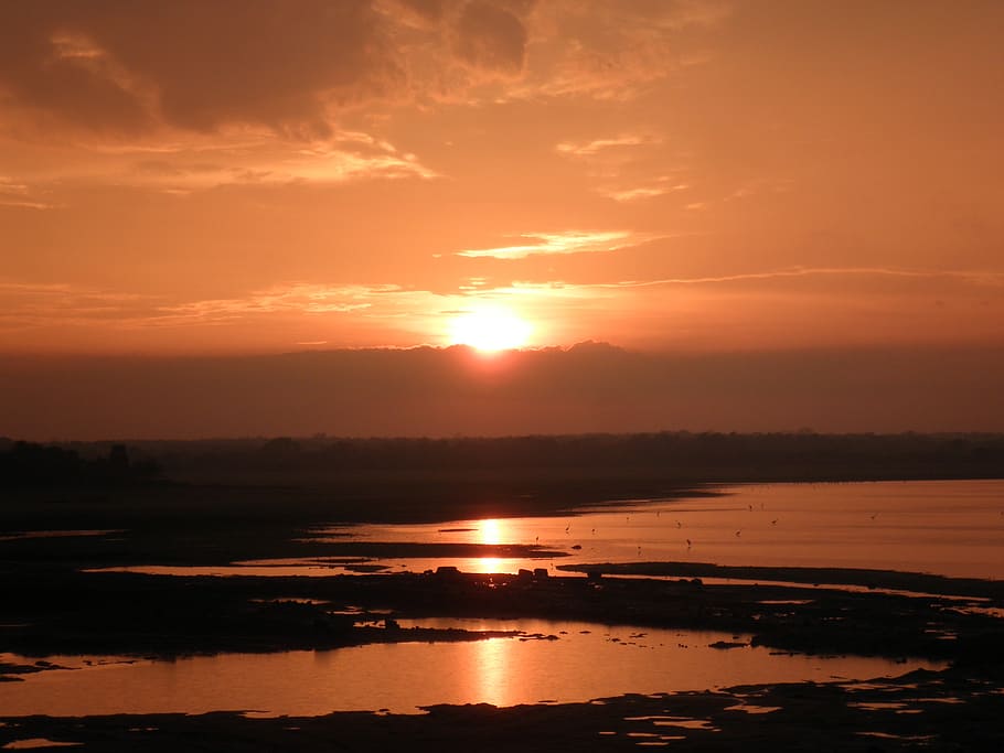 sunsets, orange, sky, cloudy, fiery, red, glowing, shining