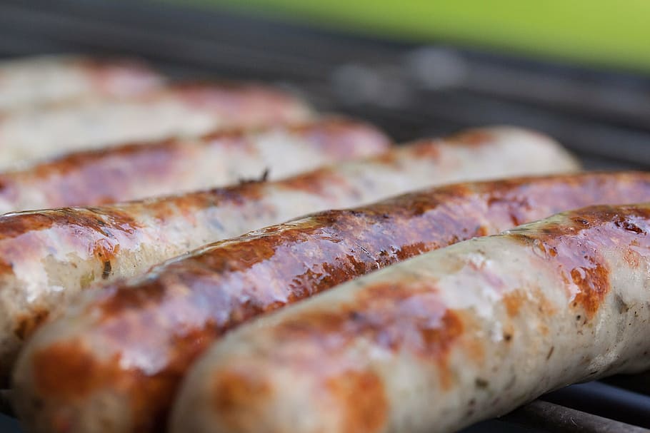 sausage, bratwurst, sausages, barbecue, grill, heat, stainless, HD wallpaper