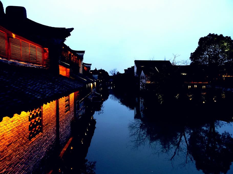 wuzhen, night view, river, architecture, reflection, building exterior HD wallpaper