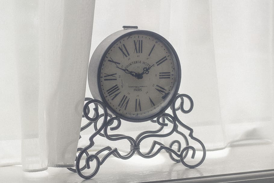 brown mantel clock, time, decor, white, curtains, indoors, clock face, HD wallpaper
