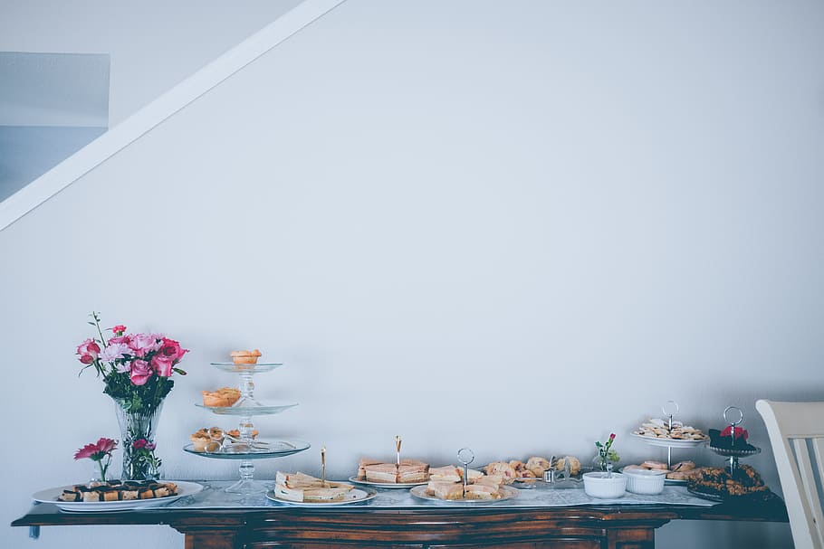 pastries on table, assorted pastries on console table, clear HD wallpaper