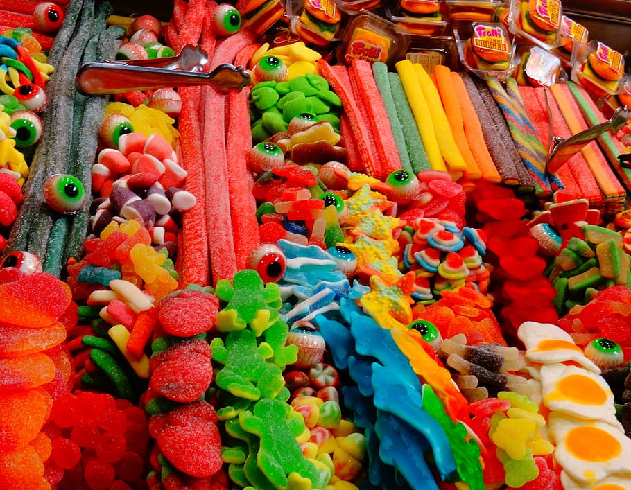candy, gummy, sweets, children, treats, eyes, colorful, multi colored, HD wallpaper