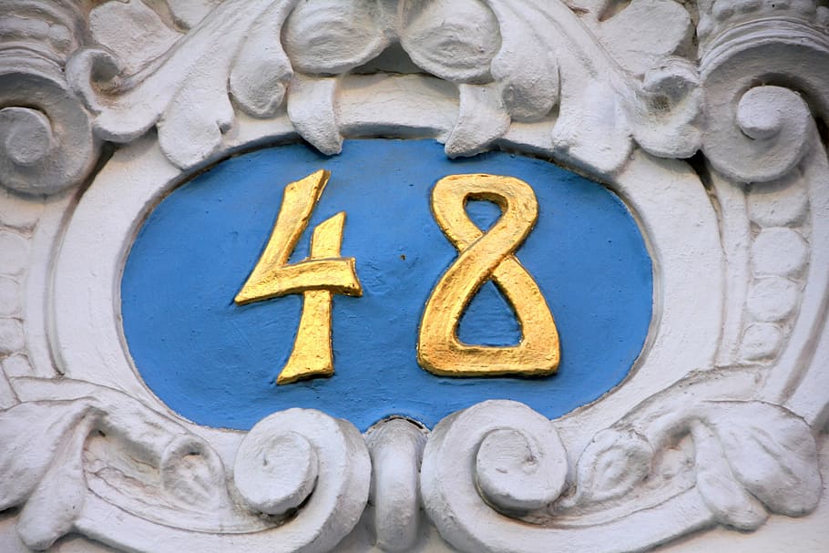 number, pay, house number, 48 forty eight, blue, gold, white, HD wallpaper