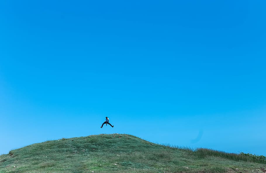 blue sky, clear sky, fields, grass, green, happiness, happy HD wallpaper