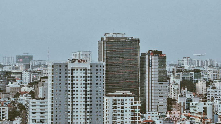 bird's-eye view of high-rise concrete buildings, gray, brown HD wallpaper