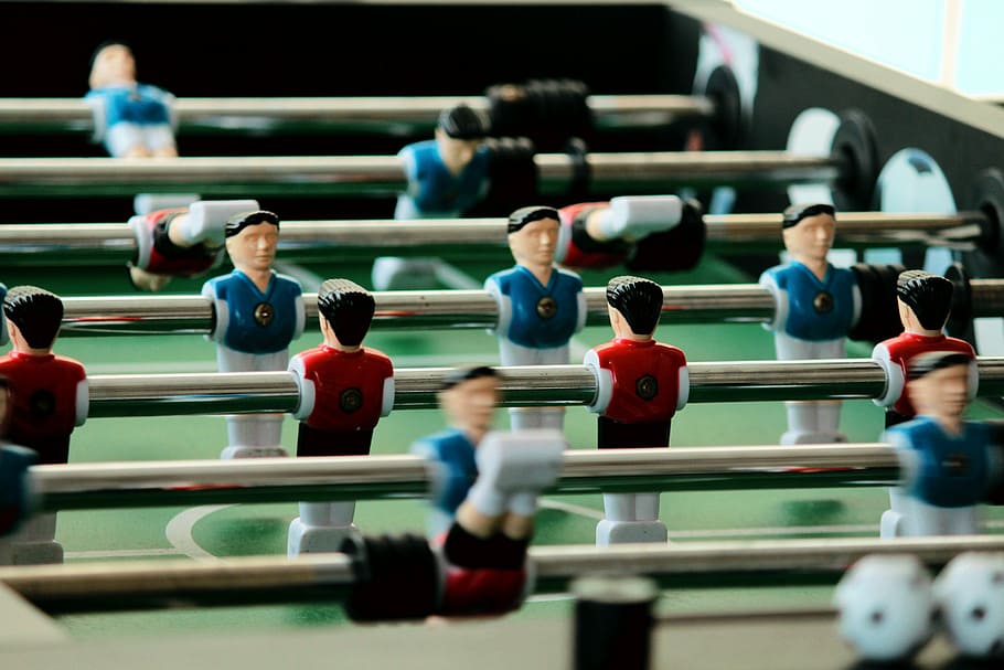 HD wallpaper: foosball table shallow focus photography, blue, red ...