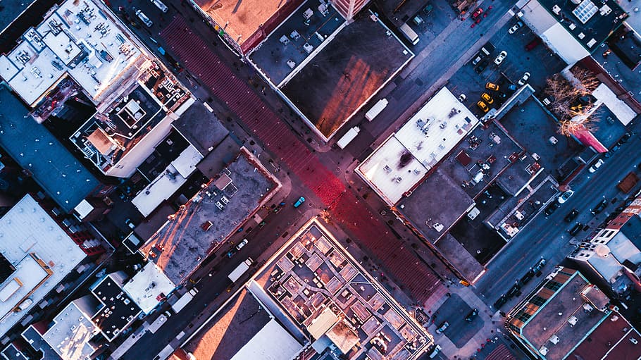 aerial view of buildings, drone view, road, rooftop, street, sunset, HD wallpaper