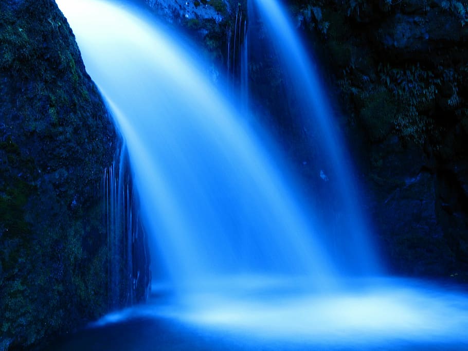 waterfall inside cave during night time, river, nature, blue HD wallpaper