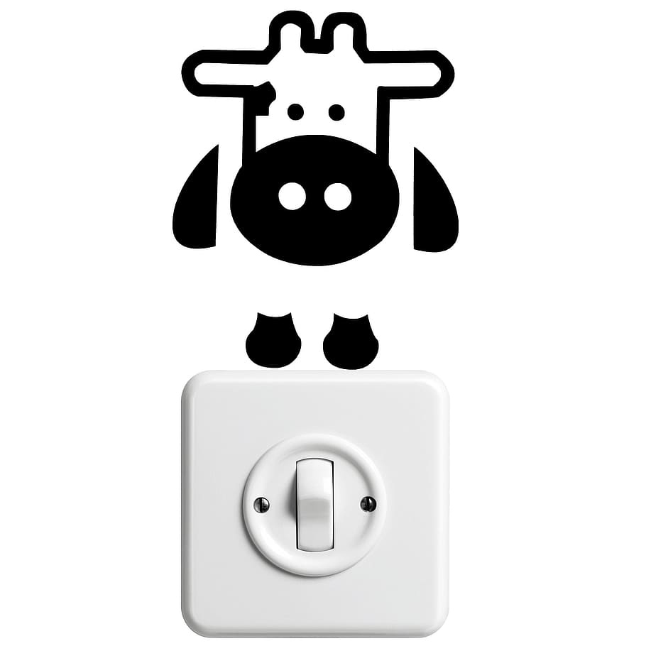 black and white cow under white rocker switch, Sticker, Hello HD wallpaper