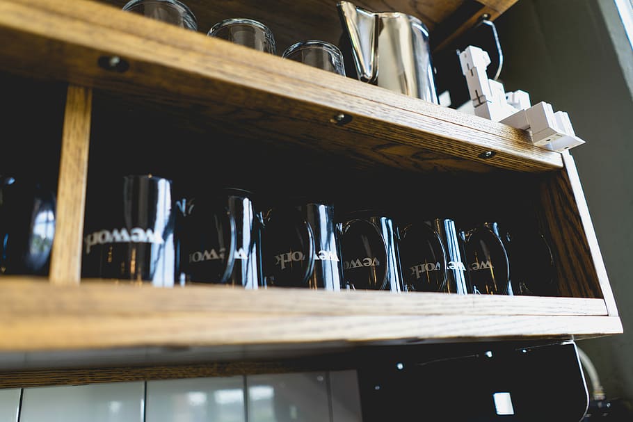 shallow focus photo of drinking glasses, black mug on wooden cabinet HD wallpaper