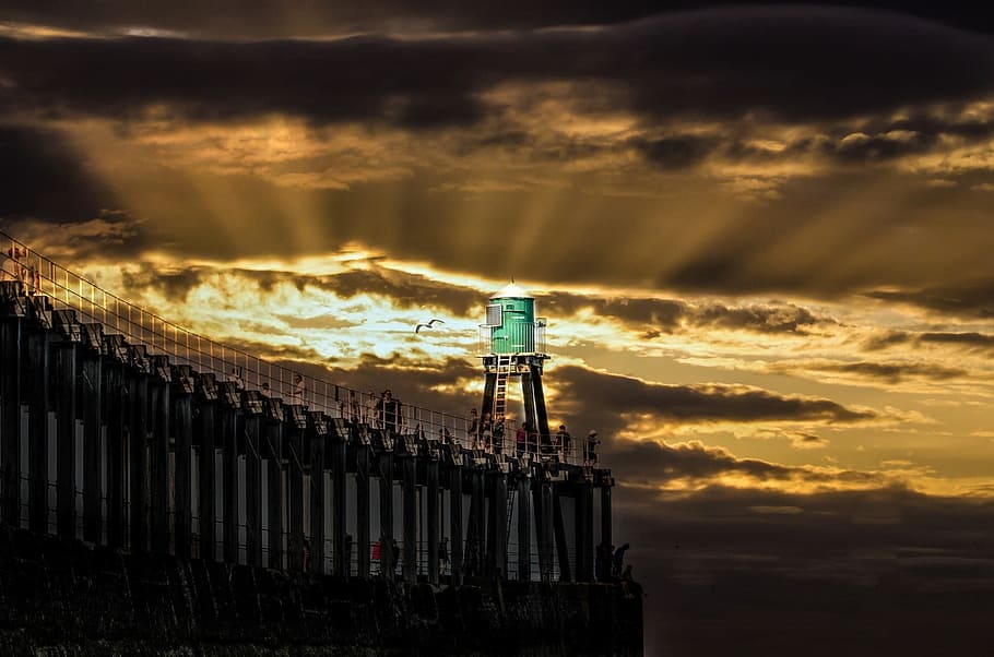 Sunset, Pier, Evening, Dark, Shadow, sky, san, cloudy, people HD wallpaper